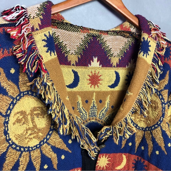 VTG Celestial Tapestry Jacket Blue Orange Sun Face Stars Moon Fringe Aztec - Picture 4 of 9
